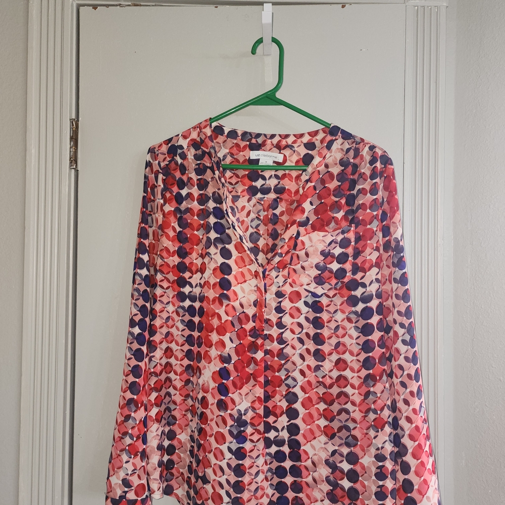 Liz Claiborne Pink Red Navy Geometric Dot Tunic Blouse